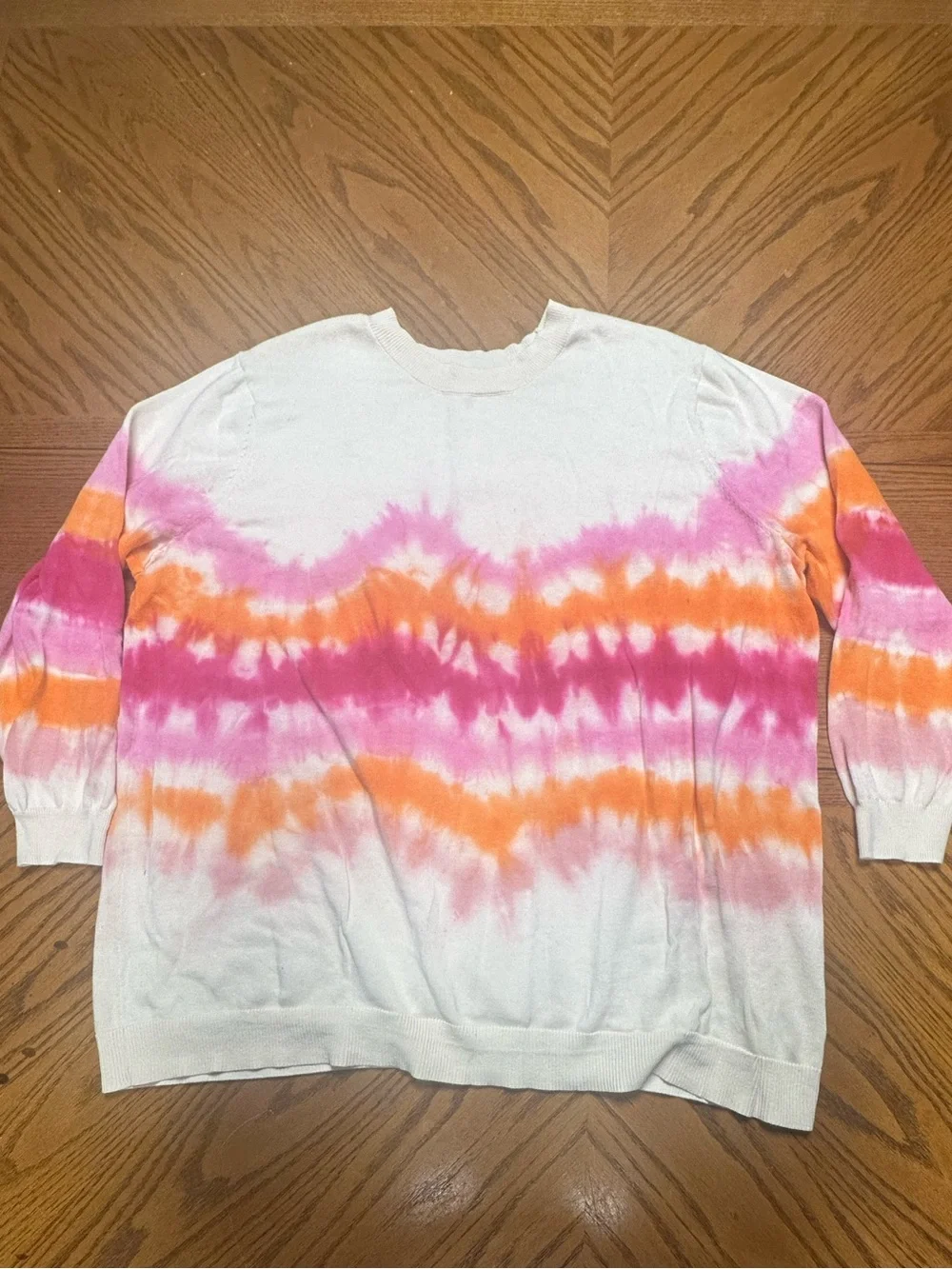White Tie-Dye Sweater with Pink & Orange Stripes 100% Cotton
